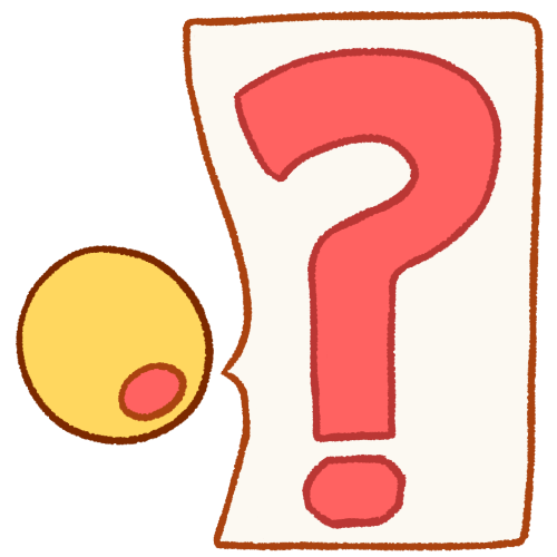  A drawing of a plain yellow head with an open mouth. It is speaking a large speech bubble to its right with a giant pink question mark in it.